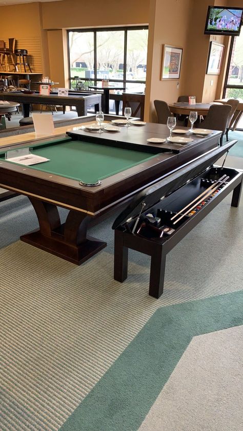 Pool Table And Dining Table, Aesthetic Game Room Pool Table, Living Rooms With Pool Tables, Convertible Pool Table, Cool Pool Tables, Pool Table In House, Pool Table In Living Room Ideas, Small Game Room Ideas For Adults, Pool Table Rooms