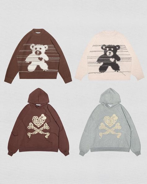 RACER WORLDWIDE® on Instagram: “Releasing Tomorrow🤎 1. Brown and Grey Bone Hoodie (€110) 2. Brown and Beige Lullaby Bear Knit Sweater (€100) This Friday 4. June: 20:00…” Racer Worldwide Sweater, Racer Worldwide, Brown And Beige, Art Graffiti, Street Art Graffiti, Clothing Ideas, Brown And Grey, Knit Sweater, Bones