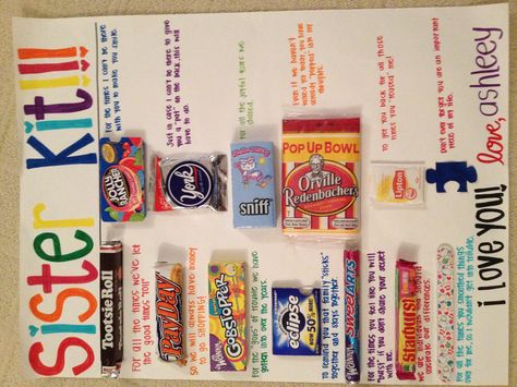 Sister kit!!! Sorority Posters, Diy Birthday Gifts For Sister, Sister Gifts Diy, Poster Dance, Homemade Birthday Gifts, Funny Sister Gifts, Gifts Sister, Secret Sister Gifts, Candy Kit