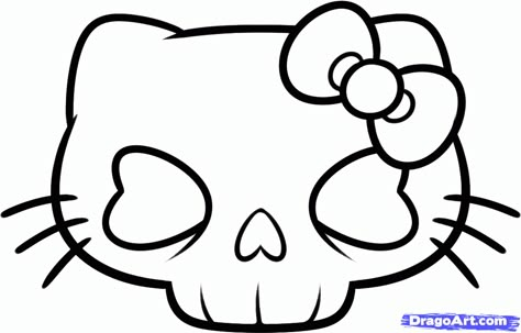 Hello Kitty Skull, Kitty Drawing, Hello Kitty Drawing, Drawing Ideas, To Draw, Hello Kitty, Kitty, Black And White, White