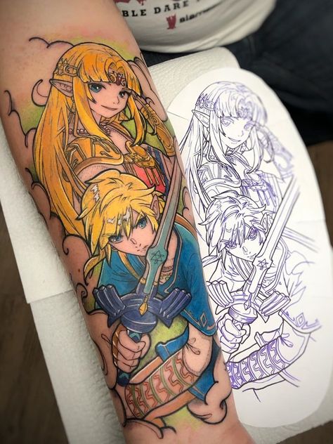 Link And Zelda Tattoo, Zelda Tattoo Design, Breath Of The Wild Tattoo, Botw Tattoo, Zelda Sleeve, Legend Of Zelda Tattoo, Link Tattoo, Little Bunny Foo Foo, Zelda Tattoo