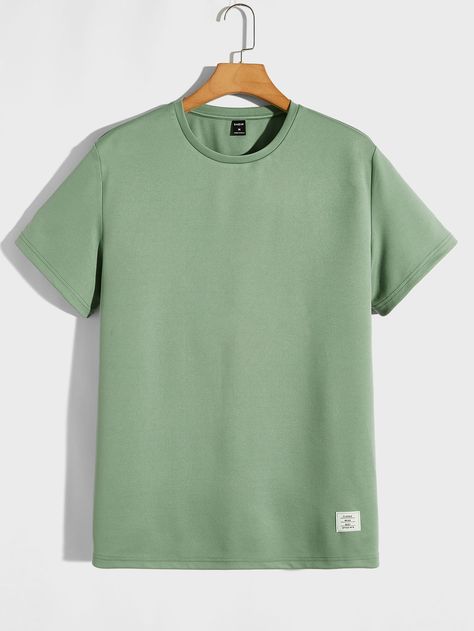 Mint Green Casual Collar Short Sleeve Fabric Plain  Embellished Slight Stretch Summer Men Tops Sage Green Shirt, Green Tshirt Outfit, Plain Tee Shirts, Chino Joggers, Green Tshirt, Green Shirt, Tshirt Outfits, Mens Summer, Mens Tees