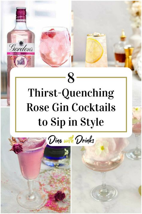 Collage of 4 rose gin cocktails. Rose Gin Cocktail Recipe, Empress Rose Gin Cocktail, Rose Gin Cocktail, Rose Cocktails, Rose Cocktail Recipes, Pink Gin Cocktails, Bar Tending, Gin Drink Recipes, Simple Syrup Cocktails