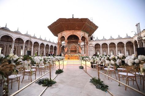 Wedding Planning And Travel Arch Wedding Entrance, White Floral Arch Wedding, White Floral Arch, Egypt Wedding, Cairo Citadel, Open Air Wedding, Dance Floor Lighting, Mohamed Ali, Floral Arch Wedding