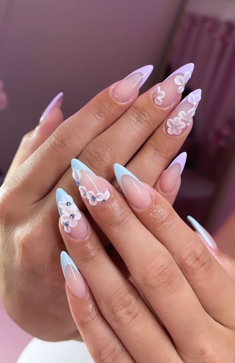 Gender Reveal Nails Almond, Light Blue Almond Nails, Ombré French, Gender Reveal Nails, Ombre French Nails, Birthday Glam, Acrylic Ideas, 28th Birthday, Almond Acrylic Nails