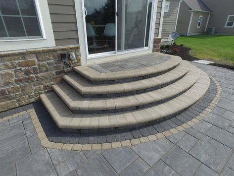 Steps — 9 Trees Landscape Construction Patio Paver Steps, Backyard Patio With Steps From House, Concrete Patio Ideas With Steps, Patio Steps From House, Patio With Steps Down From House, Patio With Steps, Airpark Homes, Cooking Fireplace, Outdoor Cooking Fireplace