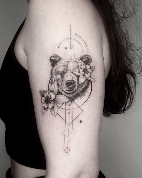 Bear with some columbine flowers! 🐻🌸 Love being able to explore different styles of tattoo designs with my clients. Sometimes it means being pushed out of my comfort zone a little but I really like how this one turned out. Nicole came all the way from Switzerland so we had to finish this in one session 😅 it was a long day but we pushed through and had a great time! Thank you @nicole.ruflin 🙏 Would love to do more pieces like this! Link in my bio if you want to book with me 🙂🫶 #denvertattooa... Couples Bear Tattoo, Bear And Flowers Tattoo, Bear Tattoos Feminine, Switzerland Tattoo, Tattoo Bear, Different Styles Of Tattoos, Cute Tattoo Ideas, Cubs Tattoo, Bear Tattoo Designs