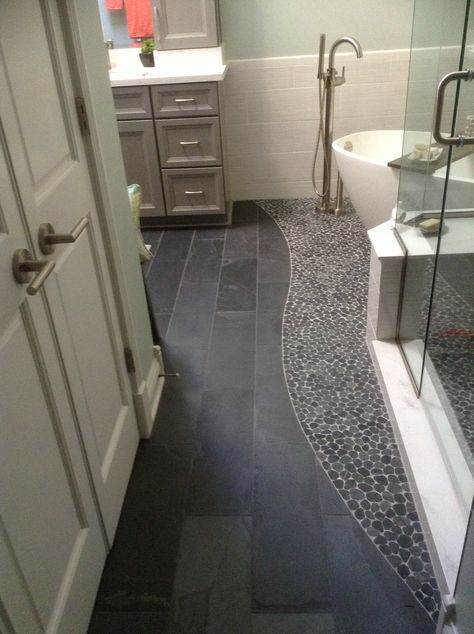 Slate and river rock master bath flooring Shower Stone Floor, Riverstone Bathroom Floor, Stone Pebble Shower Floor, Pebble Stone Shower Floor, Rock Floor Bathroom, Pebble Bathroom Floor, Rock Shower Floor, River Rock Shower Ideas, Pebble Floor Shower Ideas Farmhouse