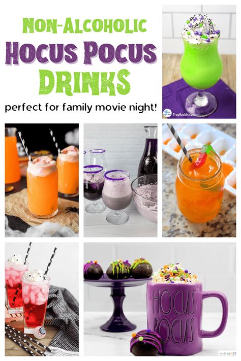 Hocus Pocus Non Alcoholic Drinks, Addams Family Drinks, Hocus Pocus Drink Ideas, Hocus Pocus Mocktail, Summerween Movie Night, Hocus Pocus Themed Drinks, Hocus Pocus Punch For Kids, Hocus Pocus Drinks For Kids, Hocus Pocus Dinner And Movie