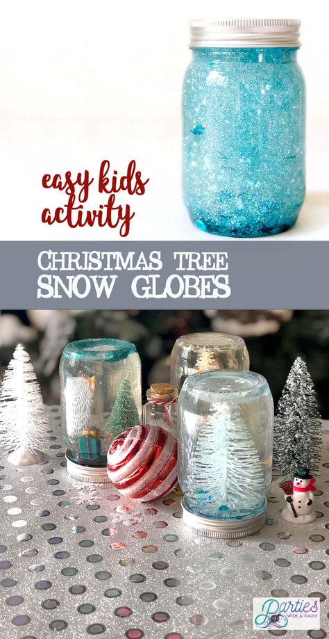 Looking for a fun holiday activity to do with the kids? Try this easy Christmas craft for kids - DIY Christmas Tree Snow Globes! With just a few supplies and a little adult supervision the little ones will have a safe, unbreakable glitter snow globe of their very own. Find out how on PartiesWithACause.com #kidscrafts #wintercrafts #christmascraft #snowglobe Childrens Christmas Crafts, Ornaments Diy Kids, Kids Globe, Easy Kid Activities, Christmas Tree Snow, Snow Globe Crafts, Diy Snow Globe, Christmas Crafts For Adults, Craft Christmas