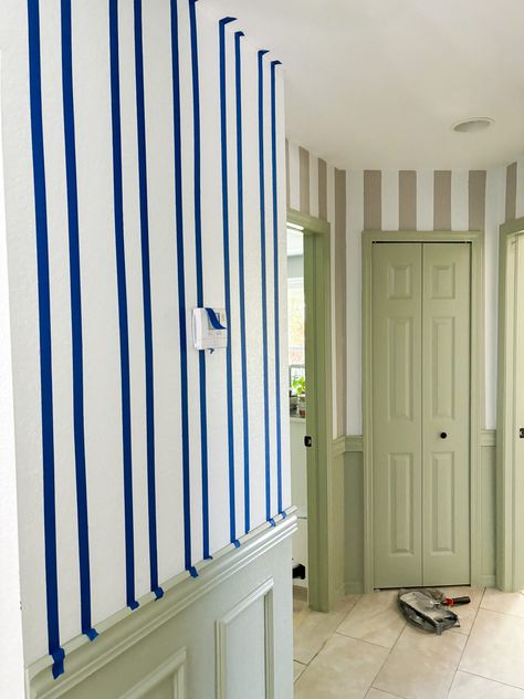 How to paint stripes (hallway update) – House Mix Striped Laundry Room, Paint Stripes On Wall Ideas, Diy Bead Board Wainscoting, Painting Stripes On Walls Vertical, Striped Nursery Walls, Paint Lines On Wall Ideas, Diy Striped Wall, Hand Painted Striped Walls, How To Paint Stripes On A Wall