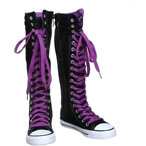 NEW Canvas Sneakers Flat Tall Punk Skate Shoes Lace up Knee High Boots... ($9.99) ❤ liked on Polyvore featuring shoes and converse Crystal Outfit, Weirdcore Clothes, Fem Queen, Knee High Sneakers, Lace Up Knee High Boots, Gothic Stuff, Converse Boots, Flat Lace Up Shoes, Black Lace Shoes