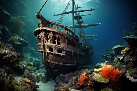 Download AI generated Sunken pirate ship on the coral reef in the Red Sea, AI Generated for free Sunken Pirate Ship, Pirate Sleeve, Deep Sea Diver Art, Diver Art, Sunken Ship, Hms Hood, Underwater Painting, The Red Sea, Tree Saw