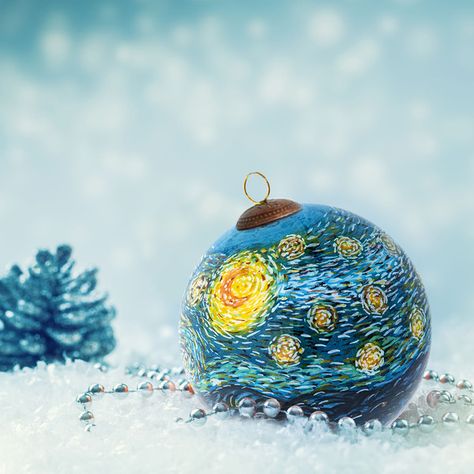 Starry Night Glass Ball Ornament | JOSS AND MAIN Hand Painted Glass Ornaments, Wool Felting, Glass Ball Ornaments, Ornament Ideas, Starry Night Van Gogh, Decorative Bows, Christmas Makes, Painted Glass, Hand Painting Art