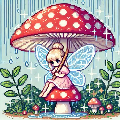 Mushroom Fairy Illustration, Faerie Concept Art, Fairy Aesthetic Cartoon, 8 Bit Art Pixel, Cottage Core Pixel Art, Pixel Doodle, Fairy Pixel Art, Mushroom Fairy Art, Pixel Art Fairy