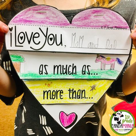 This Valentine's Day Craft is one of my favorites and parents/guardians love getting these as gifts! It's a Valentine's Day flip card, and students will cut, color, and fill out each page to create their own unique card to bring home! Grab this and many other activities here at 1stgradepandamania.com Valentine Craft For Parents From Kids, Valentines From Students To Parents, Valentine’s Day Card From Kids, Student Valentine Gifts For Parents, Valentines Day Craft For 1st Grade, Valentine To Parents From Kids, Valentine Craft From Kids To Parents, Valentines Day Writing Craft, Valentines Day Bags For Kids To Make