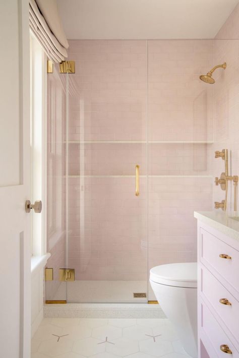 Pink Bathroom With Glass Shower Spa Inspired Bathrooms, Pink Tiles, Transitional Bathroom, Shower Niche, Bathroom Inspiration Decor, Girls Bathroom, Pink Bathroom, Bathroom Inspo, Bathroom Kids