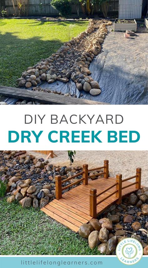 How to build a dry creek bed for your backyard play space - Little Lifelong Learners. Our kids love outdoor play and exploring creeks! We built a dry creek bed in our backyard using river rocks, and we're sharing everything you need to know about building a dry creek bed in your outdoor space. Our dry creek bed helps with rainwater runoff, adds natural beauty to our landscape, and forms a natural border between our lawn and outdoor play area. Read the blog post to learn more! #drycreekbed Rock Drainage, Dry Riverbed Landscaping, Backyard Play Spaces, Backyard Drainage, Casa Hobbit, Dry Creek Bed, Play Area Backyard, Dry River, River Rock Landscaping