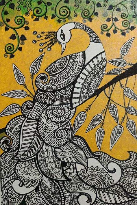 Madhubani Paintings Peacock Design, Madhubani Art Peacock, Madhubani Art Design, Traditional Madhubani Art, Peacock Mandala Art, Madhubani Peacock, Madhubani Paintings Peacock, Gond Painting, Whimsical Art Paintings