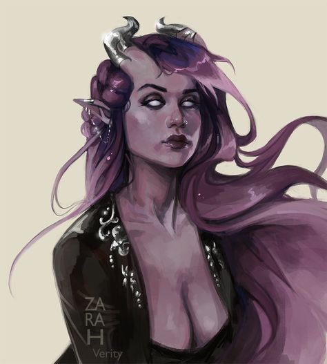 Zara H on Twitter: "Commission for Rachel of their Tiefling Verity #dndart… " Purple Tiefling, Fantasy Faceclaims, Tiefling Sorcerer, Tiefling Female, Dnd Tiefling, Dark Elves, Characters Inspiration, Dnd Ideas, Fantasy Races