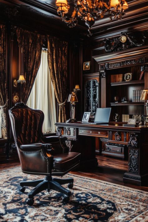 A luxurious dark Victorian study showcases dark academia aesthetic and moody office inspiration, blending dark and moody office modern elements with home office ideas dark academia for a sophisticated and elegant work environment. Dark Academia Computer Setup, Old Money Office Aesthetic, Dark Academia Gaming Setup, Victorian Office Aesthetic, Old Office Aesthetic, Home Office Ideas Dark, Advocate Aesthetic, Office Ideas Dark, Office Aesthetic Dark