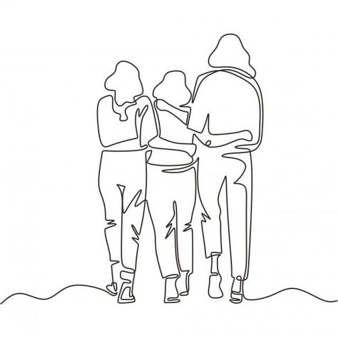 Three Girls Drawing, Three People Drawing, Friendship Line Art, Line Art Friendship, Three Friends Drawing, One Line Drawing Family, Hair Background, Women Vector, Sisters Drawing