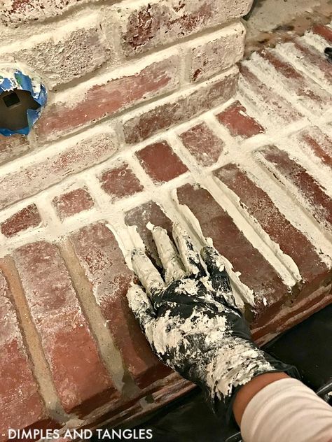 MORTAR WASH BRICK FIREPLACE MAKEOVER | Dimples and Tangles Mortar Wash Brick Fireplace, Mortar Wash Brick, Wash Brick Fireplace, Mortar Wash, White Wash Brick Fireplace, Fireplace Brick, Painted Concrete Steps, Dimples And Tangles, Concrete Patio Makeover