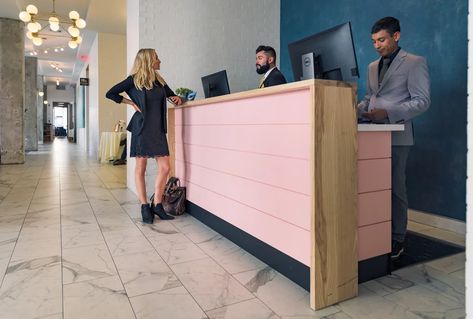 Hi-Lo Hotel Boutique Counter Ideas, Pink Shiplap, Ada Reception Desk, Build Reception Desk, Standing Reception Desk, Reception Desk Diy, Dental Reception, Custom Reception Desk, Retail Counter