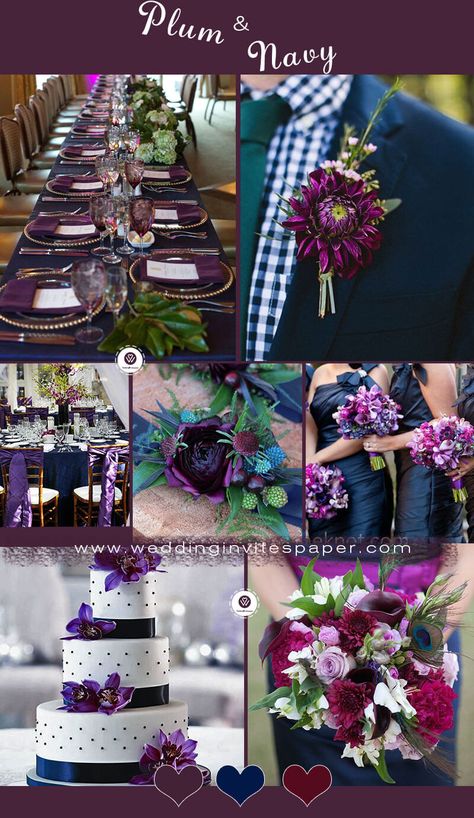 Plum Wedding Colors, Blue Purple Wedding, Navy Wedding Colors, Wedding Cake Navy, Purple And Gold Wedding, Wedding Color Scheme, Wedding Color Pallet, Plum Wedding, Purple Wedding Cakes