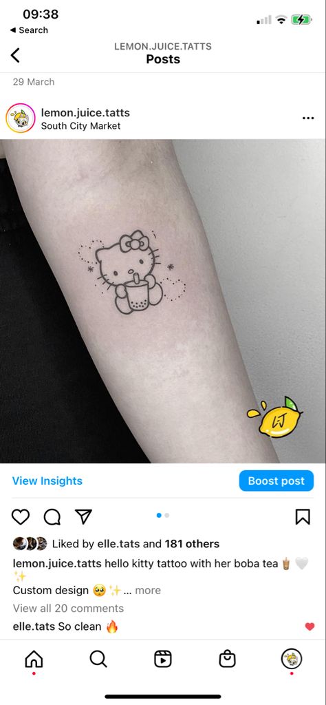 Boba Tea Tattoo, Boba Tattoo, Hello Kitty Flash Tattoo, Hello Kitty Fine Line Tattoo, Tea Tattoo, Hello Kitty Tattoos, Kawaii Tattoo, Boba Tea, Fine Line Tattoos