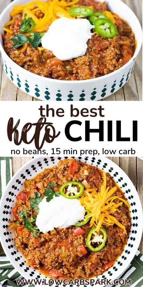 Learn to make the best Keto Chili ever! This beef chili is a great option for an easy and healthy keto dinner, loaded with juicy ground beef and lots of veggies. Enjoy a no-bean chili for a low-carb twist that's hearty, delicious, and sure to impress the entire family. Best Keto Chili, Healthy Keto Dinner, Whole30 Chili, Chili Paleo, Keto Chili, Paleo Chili, Low Carb Chili, Best Chili, Best Chili Recipe