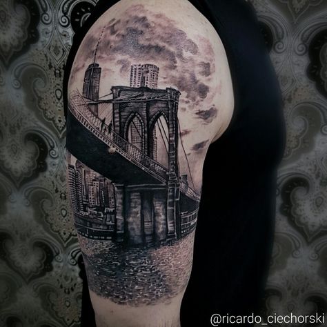 Brooklyn Sleeve Tattoo, Brooklyn Skyline Tattoo, Brooklyn Bridge Tattoo Design, Brooklyn Bridge Tattoo, Golden Gate Bridge Tattoo, Matching Family Tattoos, Baby Footprint Tattoo, Phoenix Tattoo For Men, St Michael Tattoo