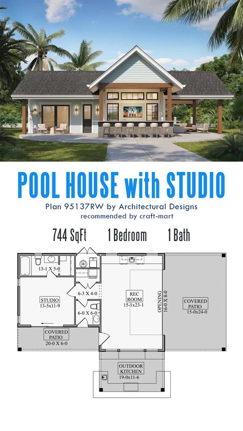 Whether you need a new pool house, a mother-in-law suite, a home office, or a man/woman cave, this is a perfect pre-made plan to meet all your needs. This pool house plan has a 16' by 8' glass garage door that connects the vaulted rec room with bar to the covered patio on the side. A studio has its own full bath and laundry room with sliding doors that open to the covered patio. Pool House With Bunk Room, Man Cave Pool House, Mother In Law Pool House, Pool House With Office, Modern Pool House Interior, Pool With Pool House Backyard Designs, Garage With Pool House, Pool House Mother In Law Suite, 1 Bedroom Pool House Plans