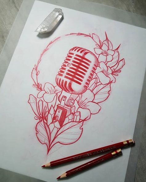 Microphone Tattoo, Music Tattoo Designs, Music Drawings, Music Tattoo, New School Tattoo, Music Tattoos, School Tattoo, New School, Tattoo Stencils