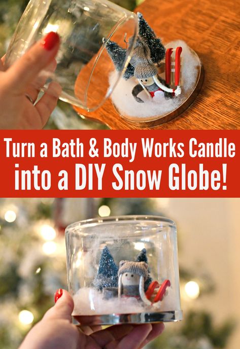 Turn a Pretty Candle Jar into a DIY Snow Globe for Christmas! Diy Christmas Snow Globe, Candle Jars Crafts, Christmas Snow Globes Diy, Repurpose Candle Jars, Homemade Snow Globes, Ornaments Diy Kids, Class Crafts, Jar Projects, Empty Candle Jars