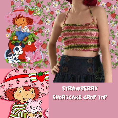 #aesthetic #crochets #crochet #knitting #knitted #etsy #strawberry Crochet Strawberry Top, Strawberry Crochet Top Pattern, Crochet Sweater Strawberry, Strawberry Crop Top Crochet, Strawberry Shortcake Tank Top, Strawberry Sweater Bulky Knit, Fairy Vintage, Crop Top Pink, Crochet Strawberry