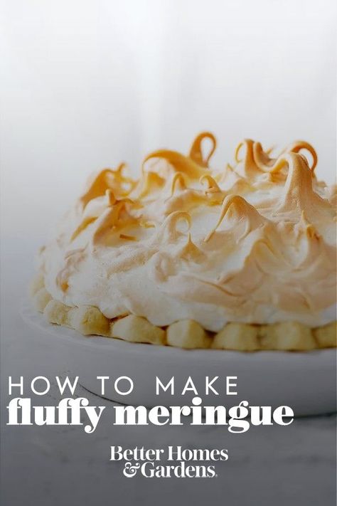 Trying to make your first lemon meringue or coconut cream pie? Learn how to make your meringue pie topping melt in your mouth using our simple steps. #howtomakemeringue #meringuerecipe #bestmeringuerecipe #bhg Marshmallow Cream Meringue Recipe, How To Make Meringue Without Cream Of Tartar, Making Meringue How To, Merengue Pie Topping, Easy Meringue Recipe Without Cream Of Tartar, The Best Meringue Recipe, Mirange Topping, Coconut Cream Pie Meringue, How To Make Lemon Meringue