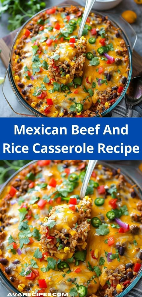 Searching for rice casserole recipes? Our Mexican Beef and Rice Casserole Recipe is ideal! This ground beef recipe for dinner is one of the best beef casserole recipes, perfect for a hearty and flavorful meal. Ground Beef Rice Recipes, Ground Beef And Rice Recipes, Mexican Ground Beef Recipes, Beef And Rice Casserole, Quick Beef Recipes, Casserole With Ground Beef, Ground Beef Rice, Ground Beef Recipe, Chicken Casseroles