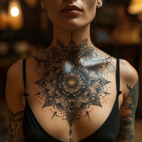 Woman showcasing a bold mandala chest tattoo design, symbolizing confidence and personal style. Mandala Chest Tattoo, Chest Tattoo Design, Detailed Mandala, Tattoo Chest, Confident Women, Mandala Tattoo, Confident Woman, Chest Tattoo, Mandala Pattern