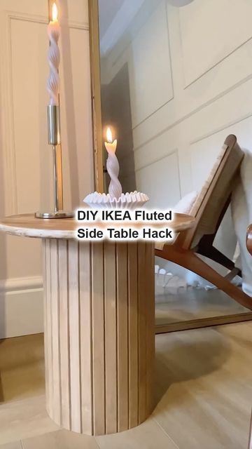 Side Table Pedestal, Budget Side Table, Diy Fluted Kitchen Table, Diy Ribbed Table, Diy Circle Side Table, Boho Side Table Diy, Ikea Fluted Hack, Ikea Armrest Tray Hack, Diy Wooden Side Table