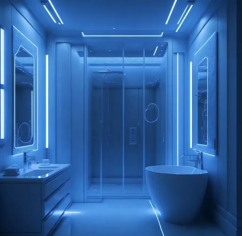 Cybercore Bathroom, Futuristic Bathroom Design, Mansion Bathrooms, Futuristic Bathroom, House Dr, Bedroom Ideas For Small Rooms Cozy, Futuristic House, Led House, Fyp Aesthetic