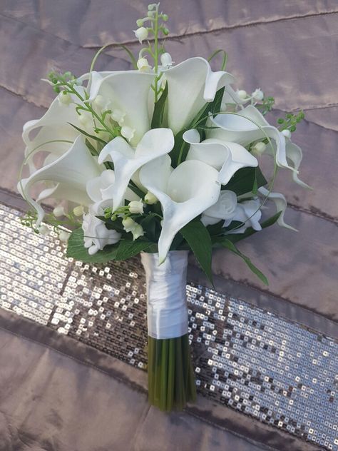 Calla Lily And Lily Of The Valley, Calla Lily And Lily Of The Valley Bouquet, White Lily Boutonniere, Calle Lily Bouquet, Lily Of The Valley Wedding Decoration, White Rose And Calla Lily Bridal Bouquet, Small Elegant Bridal Bouquet, Calla Lilly And Rose Bouquet, Peace Lily Wedding Bouquet