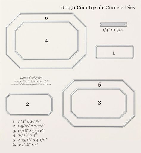 161471 - Stampin’ Up! Countryside Corners Dies measurements by Dawn Olchefske #dostamping #howdSheDOthat #SampinCutandEmboss #cardmaking #papercrafting Stampin Up Countryside Inn Dsp, Countryside Corners Stampin Up Cards, Stampin Up Countryside Corners Dies, Stampin Up Countryside Corners Bundle, Su Countryside Corners, Countryside Inn Stampin Up Cards, Countryside Corners, Cheerful Daisy, Boho Blue