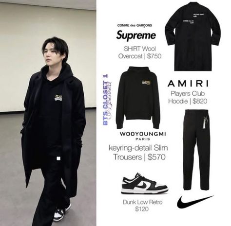 cr.btscloset1 #sugastyle Jimin Clothes Style, Yoongi Clothes Style, Suga Style Outfits, Min Yoongi Outfits, Outfits Yoongi, Yoongi Core Outfits, Agust D Outfit Inspired, Suga Clothes, Suga Shoes