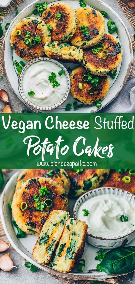 Spinach Potato Cakes with Vegan Cheese Filling Spinach Potato Frittata, Stuffed Potato Cakes, Spinach And Potato Recipes, Spinach Potato, Vegan Potato Recipes, Potato Cakes Recipe, Stuffed Potato, Vegan Spinach, Burger Patty