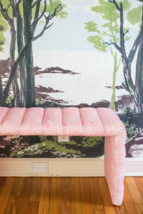 How To Make Bench Seating, Diy Channel Tufted Bench, Diy Chair Upholstery, Bench Upholstery Diy, Diy Tufted Bench, Diy Bench For Kitchen Table, Upholstered Bench Diy, Colorful Bench, Diy Upholstered Bench