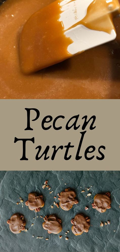 Top Photo:  A pan of homemade caramel stirred with a white spatula.  Bottom Photo:  Several homemade pecan turtles on a countertop with pecan pieces scattered aroung. Turtle Candy Recipe, Homemade Pecan Turtles, Pecan Turtles Recipe Easy, Easy Turtles Candy, Recipe For Turtles Candy, Homemade Turtle Candy With Pecans, Homemade Turtles With Caramels, Home Made Turtle Candy, Pecan Turtles Recipe