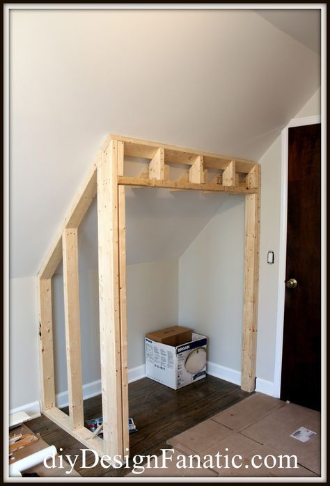 diy Design Fanatic: STEALING FLOOR SPACE TO BUILD A CLOSET Closet Ideas For Attic Bedroom, Built In Attic Closet, Frame A Closet Diy, Attic Entertainment Room Ideas, Adding Closet To Bonus Room, Closet In Bonus Room, Attic Turned Into Closet, Slope Ceiling Closet, Bonus Room Closet Ideas