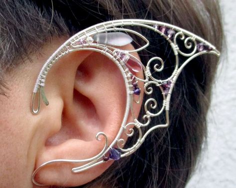 Wire wrapped jewelry ear cuffs and Elven by StrangeThingJewelry Ear Cuff Diy, Elf Jewelry, Elf Ear, Elf Ear Cuff, Diy Wire Earrings, Wire Wrap Jewelry Designs, Elf Ears, Purple Beads, Diy Wire Jewelry