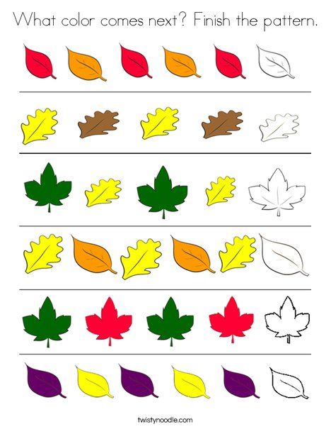 What color comes next? Finish the leaf pattern - Worksheet from TwistyNoodle.com Preschool Pattern Worksheets, Patterns Worksheet, Autumn Preschool Theme, Preschool Patterns, Preschool Workbooks, Fall Preschool Activities, Pattern Worksheet, Tree Study, Pattern Activities